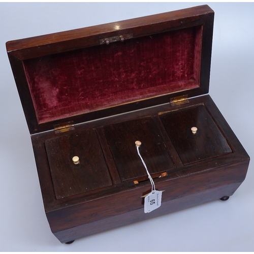 65 - A 19th century rosewood and marquetry inlaid tea caddy, length 12