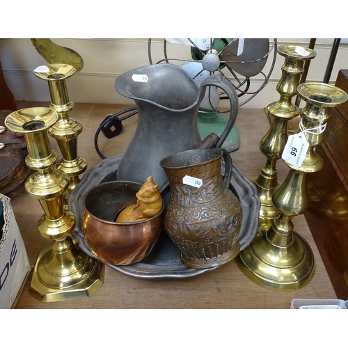 66 - A mixed lot of metalware, including a pair of 19th century brass candlesticks, height 11.5