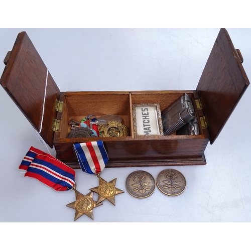 86 - A mixed box of items, including Second War Period medals, pocket lighters etc