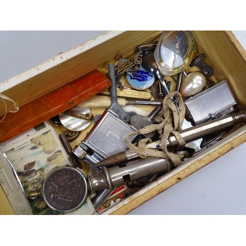 90 - A mixed box of items, including tinplate clockwork bear and frog, desk items, pocket lighters, penkn... 