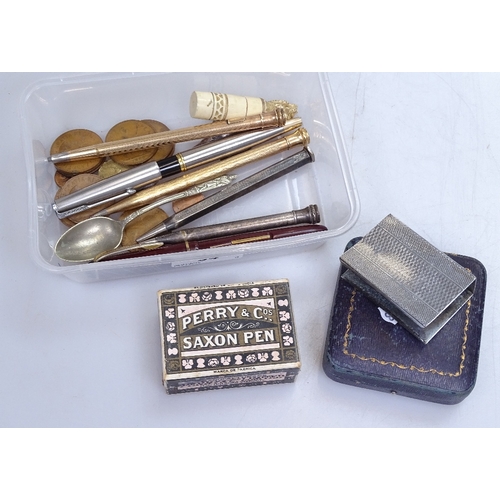 94 - A mixed box of items, including silver and gold plated propelling pencils etc