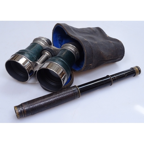 97 - A pair of nickel plate racing binoculars, circa 1900, and a brass and leather-covered 3-draw pocket ... 