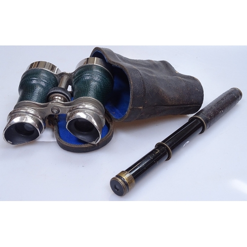 97 - A pair of nickel plate racing binoculars, circa 1900, and a brass and leather-covered 3-draw pocket ... 