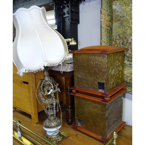 1811 - A gilt-metal and ceramic table lamp, a stool, a pair of brass coal boxes etc