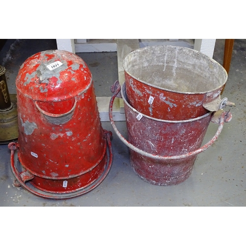 1821 - 4 Vintage painted fire buckets, originally from the Hastings Observer building, 2 with rounded botto... 