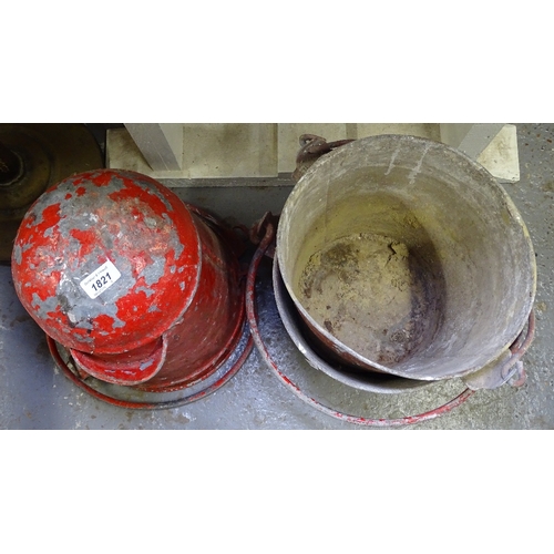 1821 - 4 Vintage painted fire buckets, originally from the Hastings Observer building, 2 with rounded botto... 