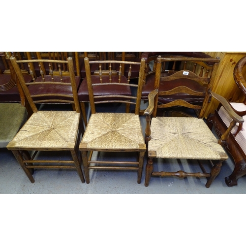 1824 - A pair of 19th century rush-seated and spindle-back chairs, and an Antique rush-seated ladder-back e... 