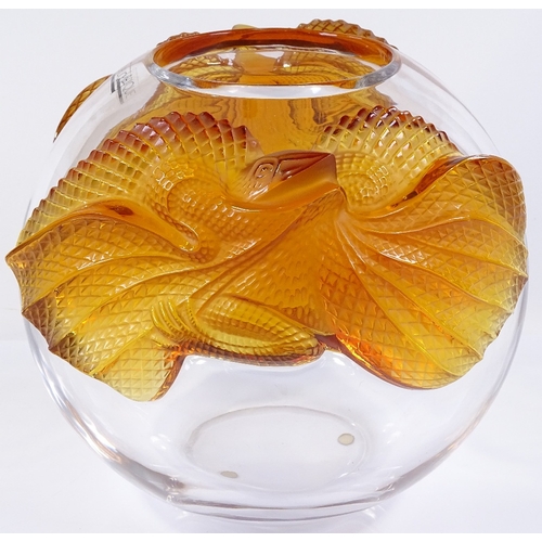 106 - A large modern Lalique clear glass bowl, with amber glass dragon design mounts, height 22cm, perfect... 