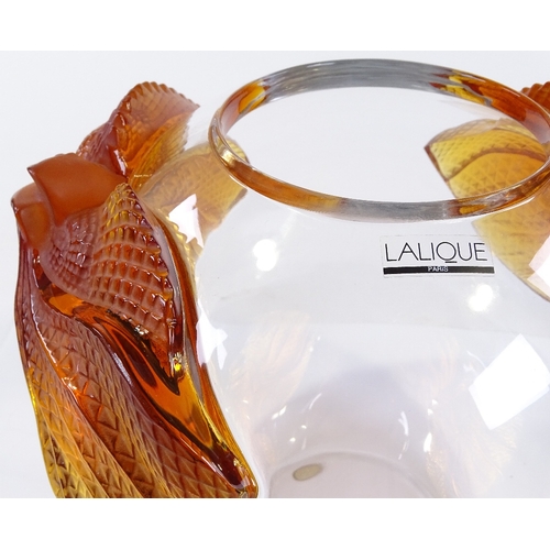 106 - A large modern Lalique clear glass bowl, with amber glass dragon design mounts, height 22cm, perfect... 