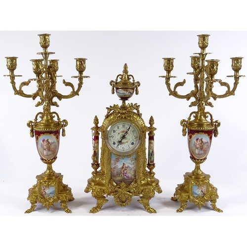 109 - An ornate reproduction French gilt-brass cased clock garniture, with 8-day striking movement, clock ... 