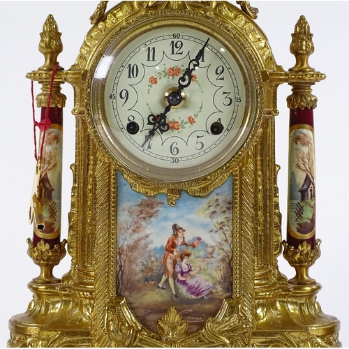 109 - An ornate reproduction French gilt-brass cased clock garniture, with 8-day striking movement, clock ... 