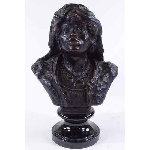 110 - A 19th century bronze patinated ceramic bust of an Arab woman, unsigned, overall height 35cm