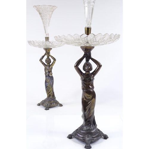 113 - A pair of cut-glass and electroplate table centre epergnes, supported by Classical female figures, h... 