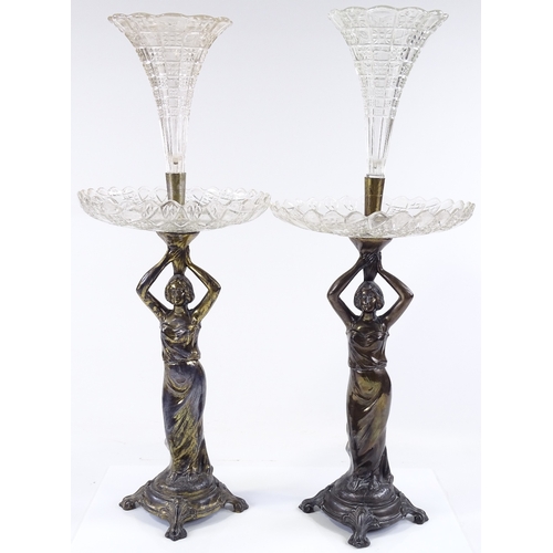 113 - A pair of cut-glass and electroplate table centre epergnes, supported by Classical female figures, h... 