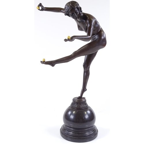 125 - A reproduction bronze naked dancer on marble domed base, height 46cm