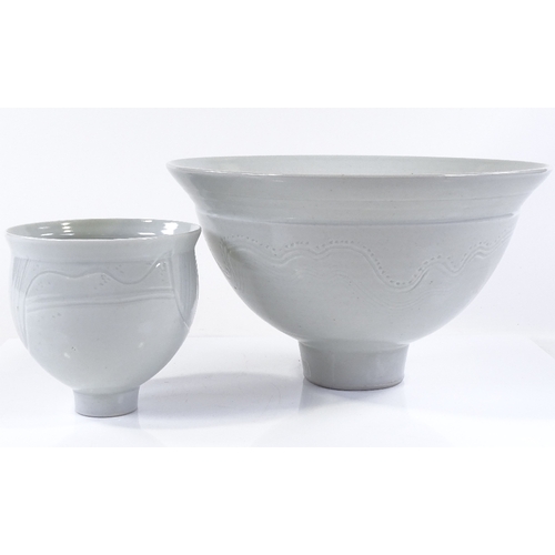 127 - Michael (Mick) Casson, 2 white celadon glaze bowls with sgraffito decoration, diameter 25cm and 12cm... 