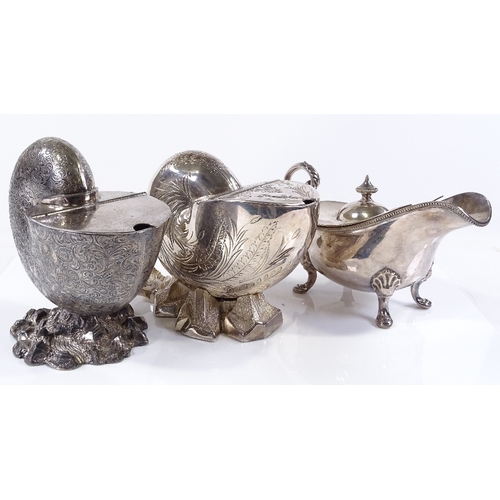 133 - 2 Victorian electroplate nautilus shell design spoon warmers, and a lidded sauce boat (3)