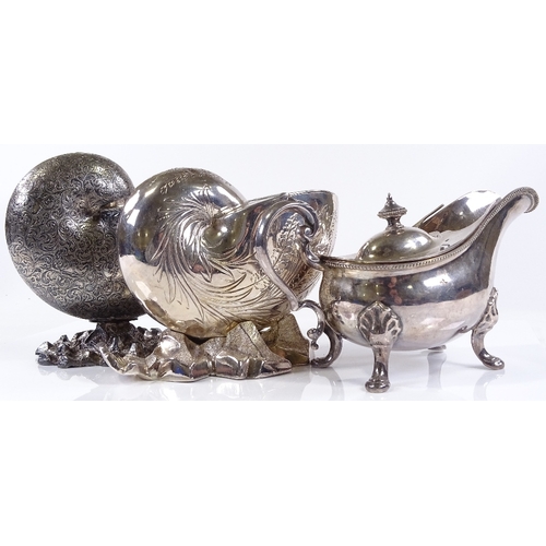 133 - 2 Victorian electroplate nautilus shell design spoon warmers, and a lidded sauce boat (3)