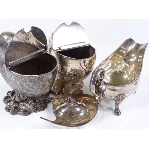 133 - 2 Victorian electroplate nautilus shell design spoon warmers, and a lidded sauce boat (3)