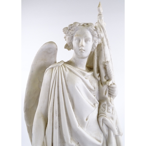 19 - A 19th century Parian porcelain sculpture of a Classical figure of victory, carrying the flag of Seb... 