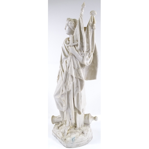 19 - A 19th century Parian porcelain sculpture of a Classical figure of victory, carrying the flag of Seb... 