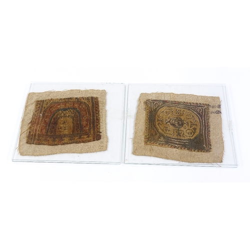 27 - 2 Egyptian Coptic Christian embroidered textiles, 6th/7th century AD, 15cm x 14cm