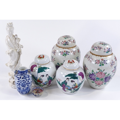 31 - A group of Oriental porcelain, including a Blanc de Chine porcelain Buddha, height 30cm (7)
