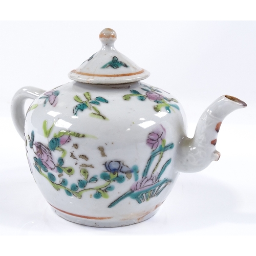 32 - An Antique Chinese porcelain teapot, hand painted enamel floral decoration, height 10cm