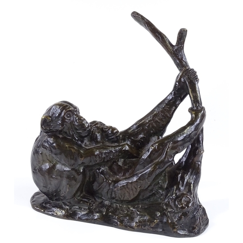 62 - Irenee Rochard (1906 -1984), bronze sculpture, monkeys on a branch, signed, length 22cm, height 24cm