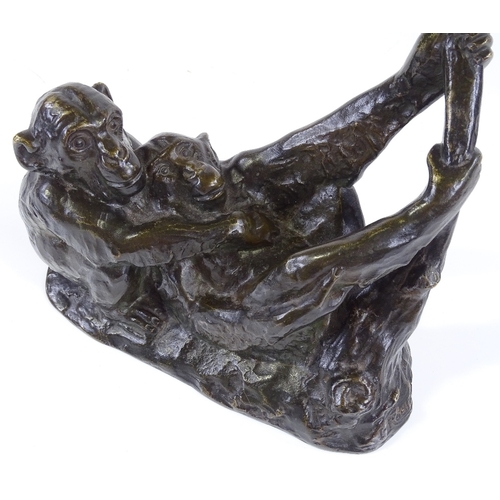 62 - Irenee Rochard (1906 -1984), bronze sculpture, monkeys on a branch, signed, length 22cm, height 24cm