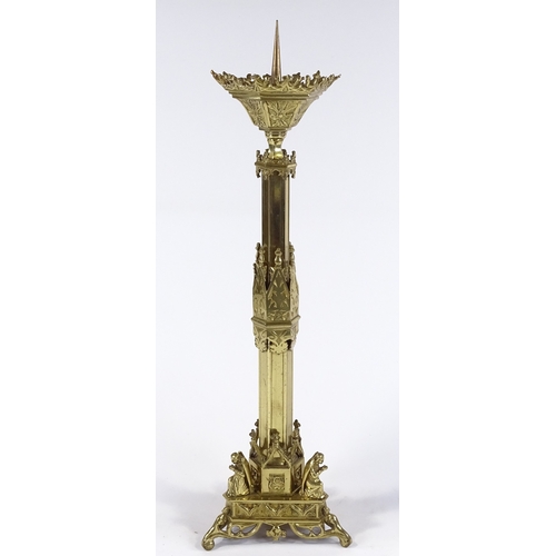 69 - A 19th century gilt-brass Gothic design pricket candle stand, overall height 55cm