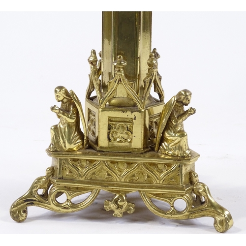 69 - A 19th century gilt-brass Gothic design pricket candle stand, overall height 55cm