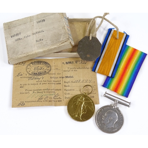 83 - Boxed First  War Period British War medal and Victory medal with tag, to 108597 Spr W A Watson Royal... 