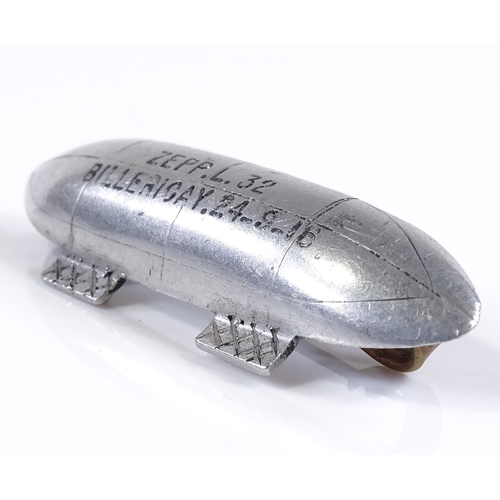 91 - An aluminium lapel badge made from the wreckage of Zeppelin L32, Billericay 24th September 1916, len... 