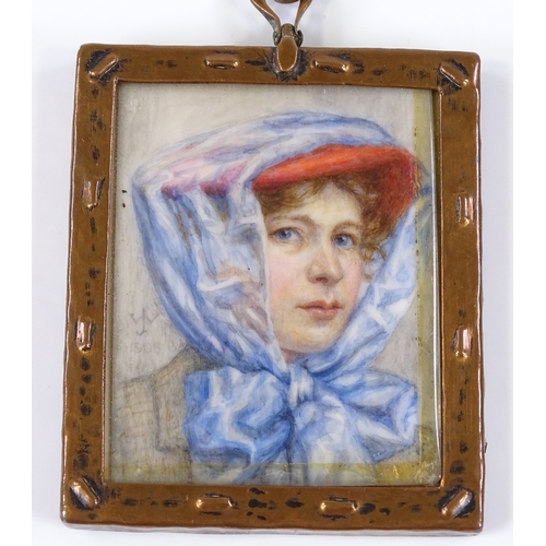 98 - An Edwardian miniature watercolour, portrait of a lady motorist, signed with monogram, dated 1906, i... 