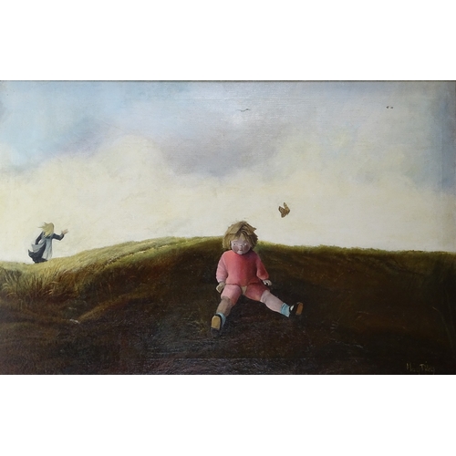 1113 - Mary Riley, oil on canvas, girl with a doll on a hilltop, 28