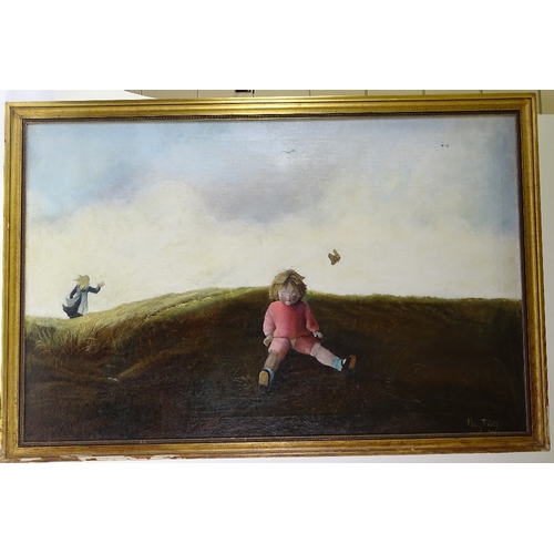 1113 - Mary Riley, oil on canvas, girl with a doll on a hilltop, 28