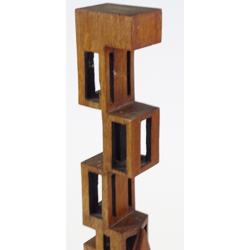 1120 - Mid-20th century carved wood modernist abstract sculpture, unsigned, height 21