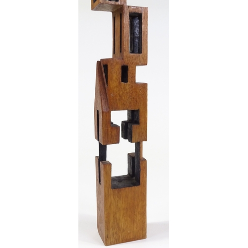 1120 - Mid-20th century carved wood modernist abstract sculpture, unsigned, height 21