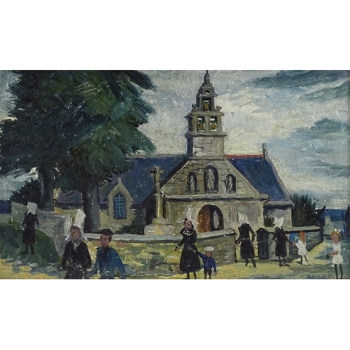 1121 - Compton, oil on board, figures outside a church, mid-20th century, 9