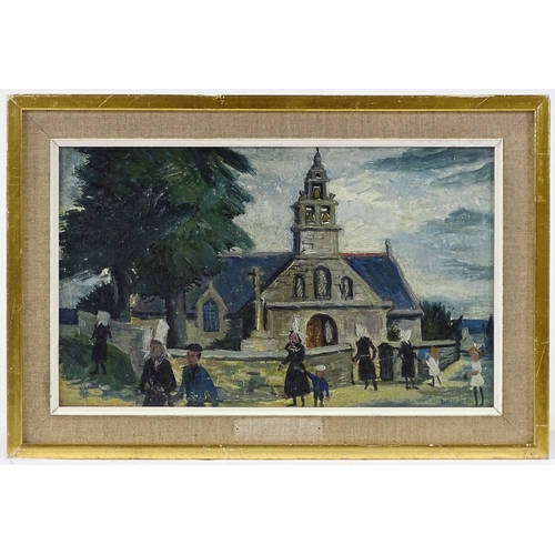 1121 - Compton, oil on board, figures outside a church, mid-20th century, 9