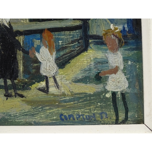 1121 - Compton, oil on board, figures outside a church, mid-20th century, 9