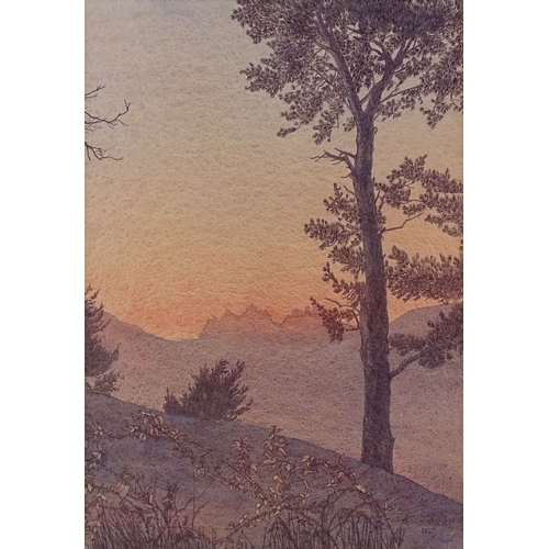 1126 - Reginald Morphew, watercolour, trees on a hilltop, signed with monogram, 15