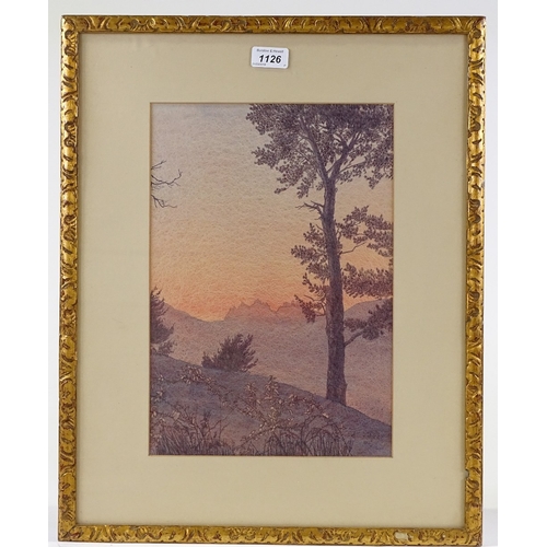 1126 - Reginald Morphew, watercolour, trees on a hilltop, signed with monogram, 15