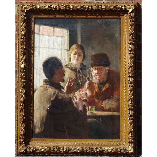 1132 - Paul Gorge (1856 - 1941), oil on canvas, 3 figures in conversation, 38