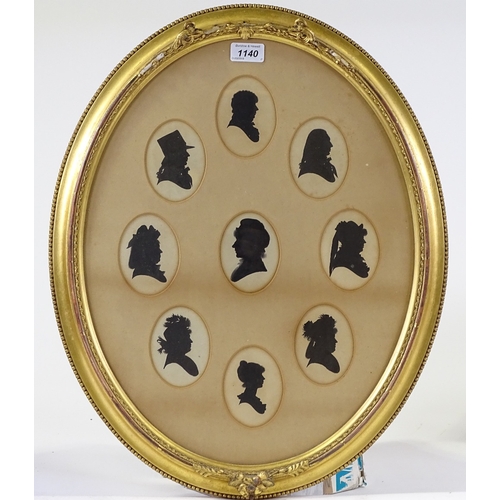 1140 - A set of 9 hand painted silhouettes, mounted in common gilt-gesso oval frame, overall dimensions 22