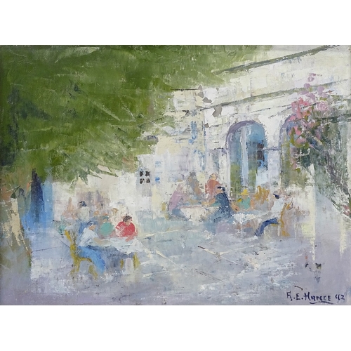 1147 - AE Hance, oil on canvas, cafe scene Lefkimi Corfu, 12