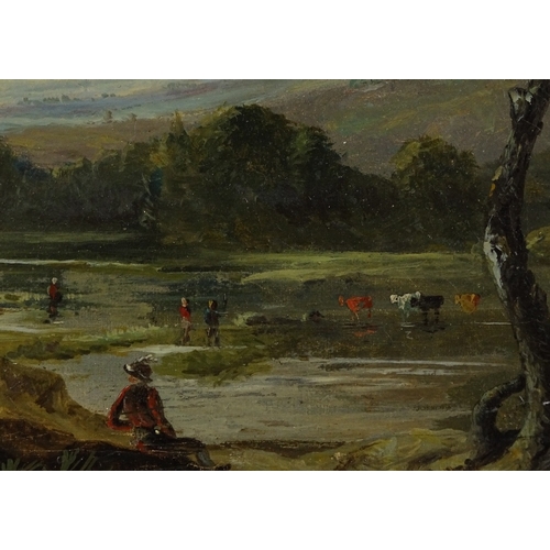 1148 - 19th century oil on canvas, figures in Continental landscape, unsigned, 10