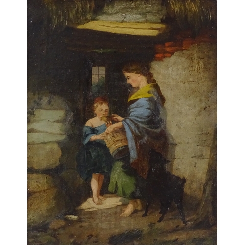 1149 - 19th century oil on canvas, woman and child with a dog, unsigned, 18