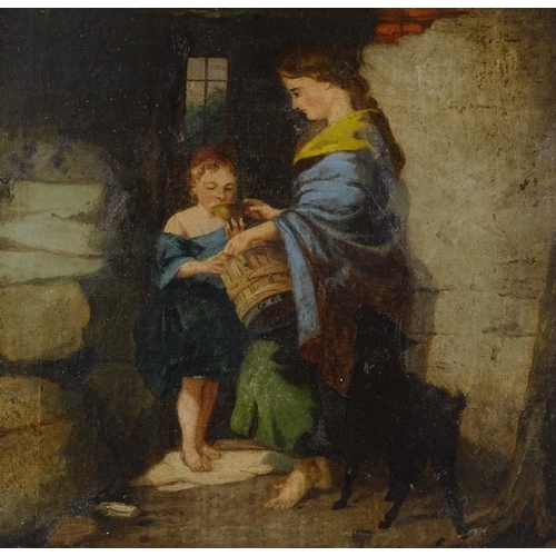 1149 - 19th century oil on canvas, woman and child with a dog, unsigned, 18